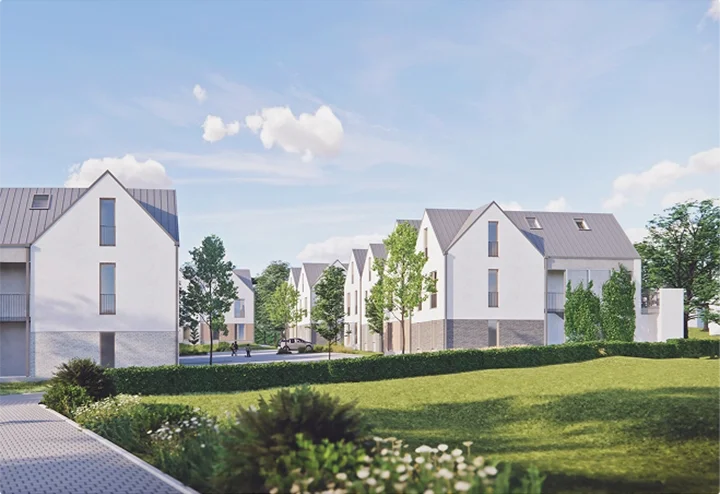 Wizualizacja osiedla domów Habitat Nad Drwinką w Krakowie – zieleń i dom z ogrodem