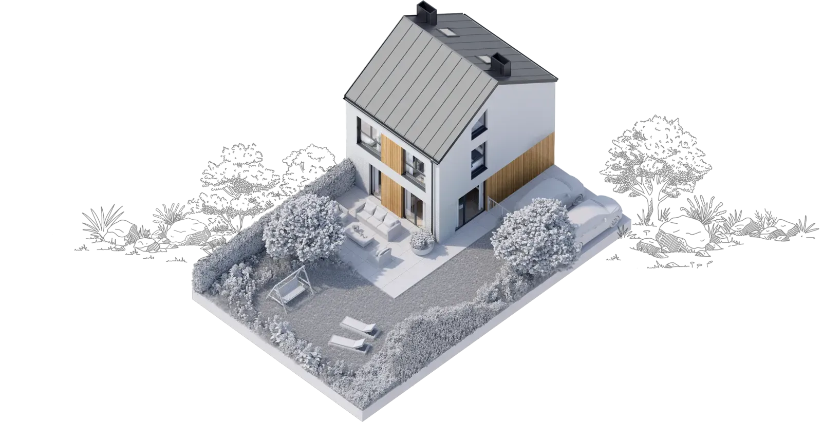 Biały model autorskiego projektu domu Habitat z ogrodem – koncepcja architektoniczna