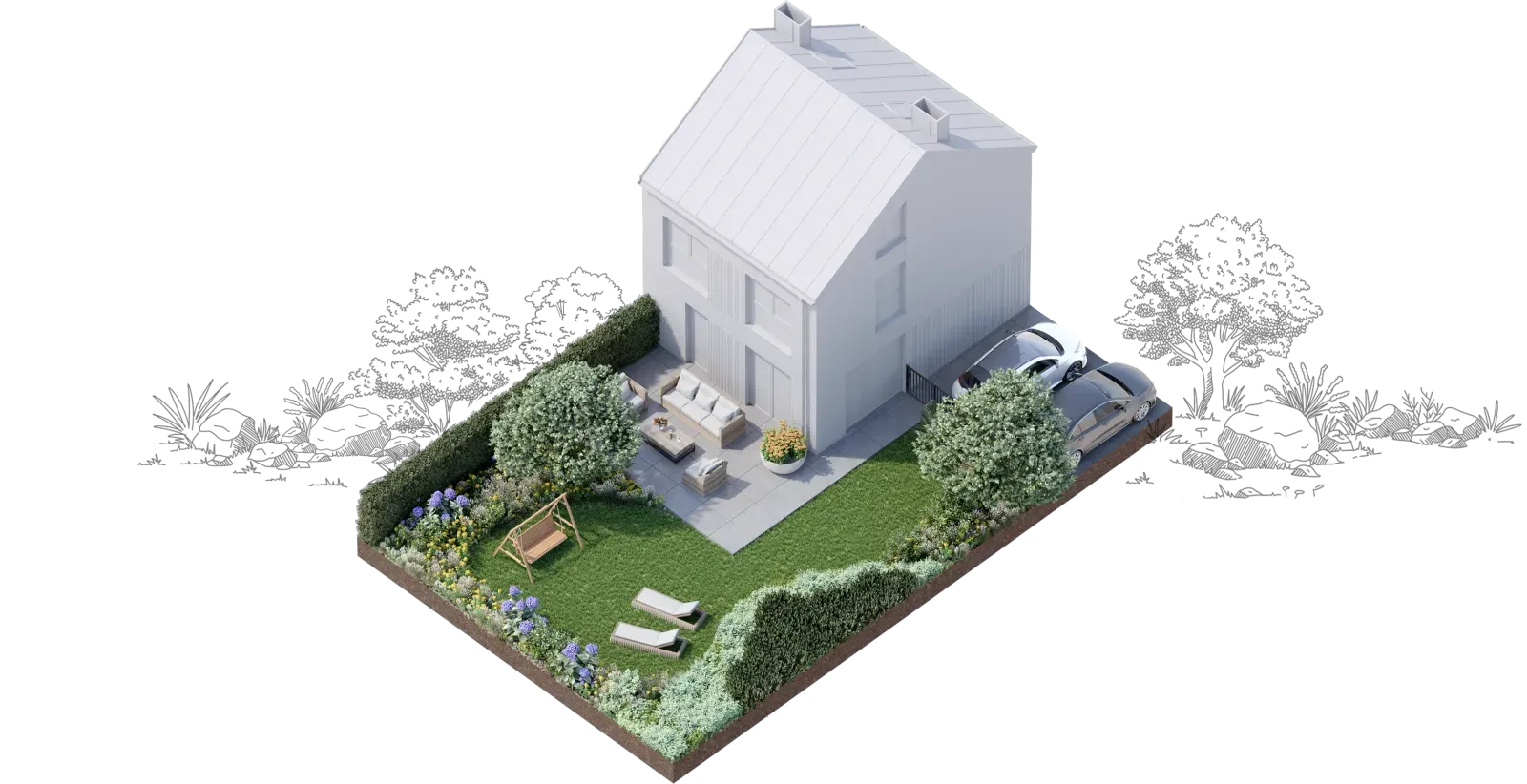 Model domu Habitat z prywatnym ogrodem, tarasem, huśtawką i żywopłotem – dbałość o zieleń