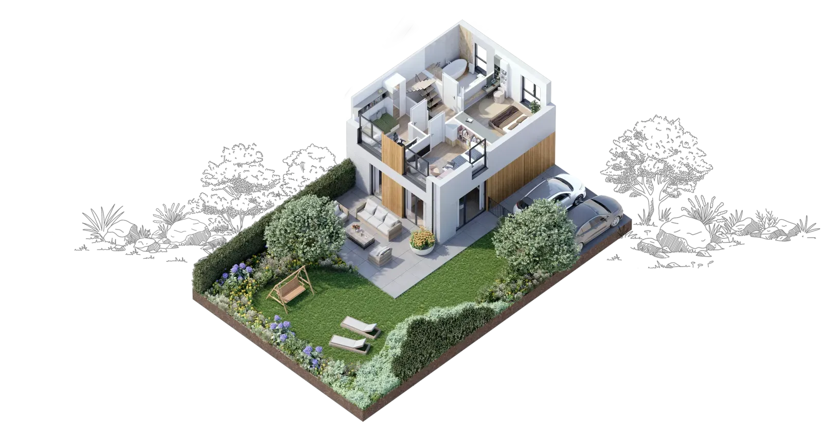 Przekrój piętra domu Habitat: sypialnie, łazienka i balkon – funkcjonalny układ pomieszczeń